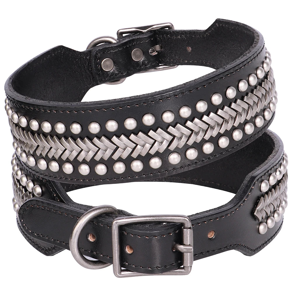 Luxury Genuine Leather Dog Collar - 2 Inch Wide with Durable Metal Rivets for Medium to Large Breeds, Ideal for German Shepherds