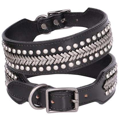 Luxury Genuine Leather Dog Collar - 2 Inch Wide with Durable Metal Rivets for Medium to Large Breeds, Ideal for German Shepherds