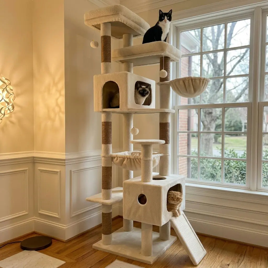 Globlazer 80'' Heavy-Duty Cat Tree - Space-Saving Corner Design with Dual Condos and Six Sisal Scratching Posts