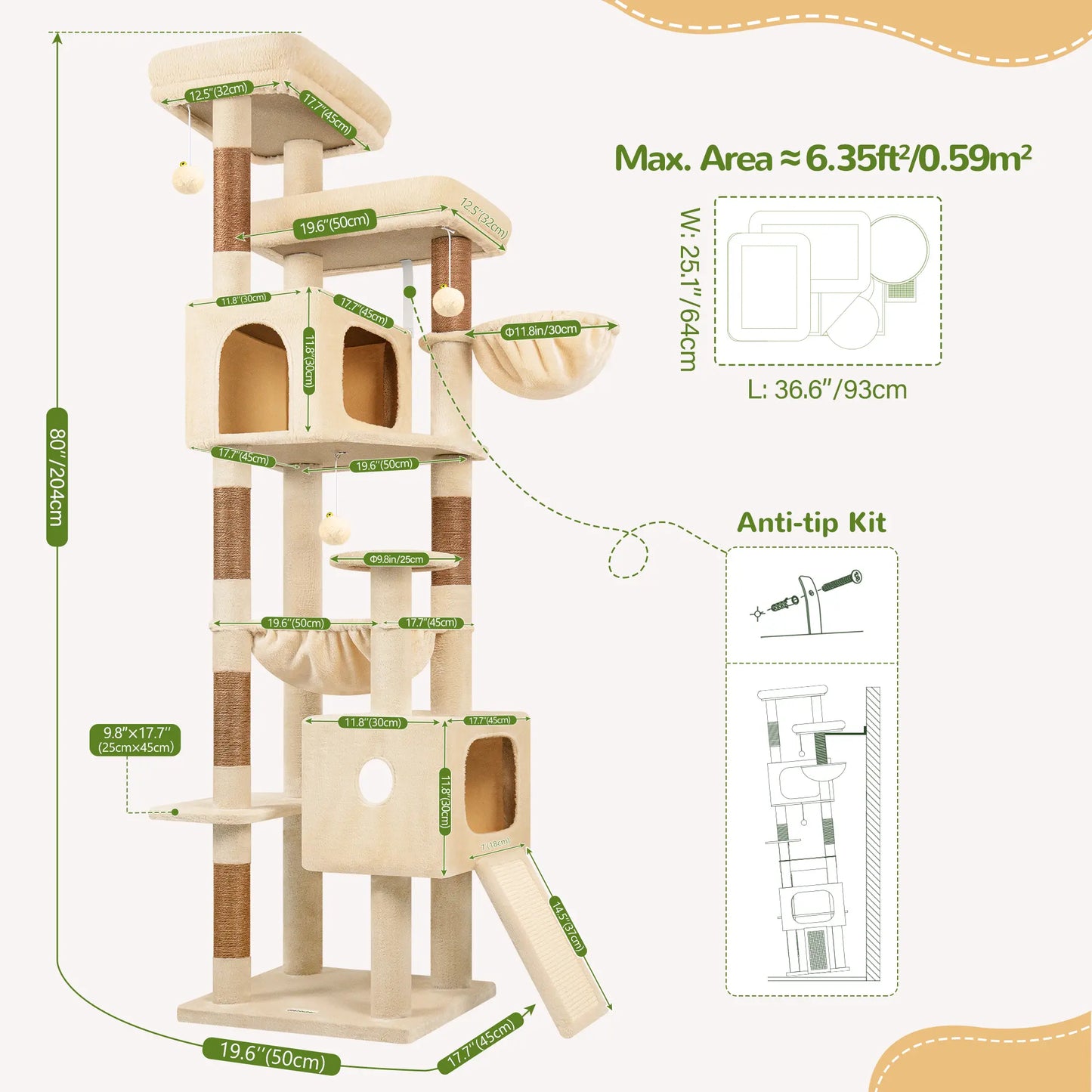 Globlazer 80'' Heavy-Duty Cat Tree - Space-Saving Corner Design with Dual Condos and Six Sisal Scratching Posts