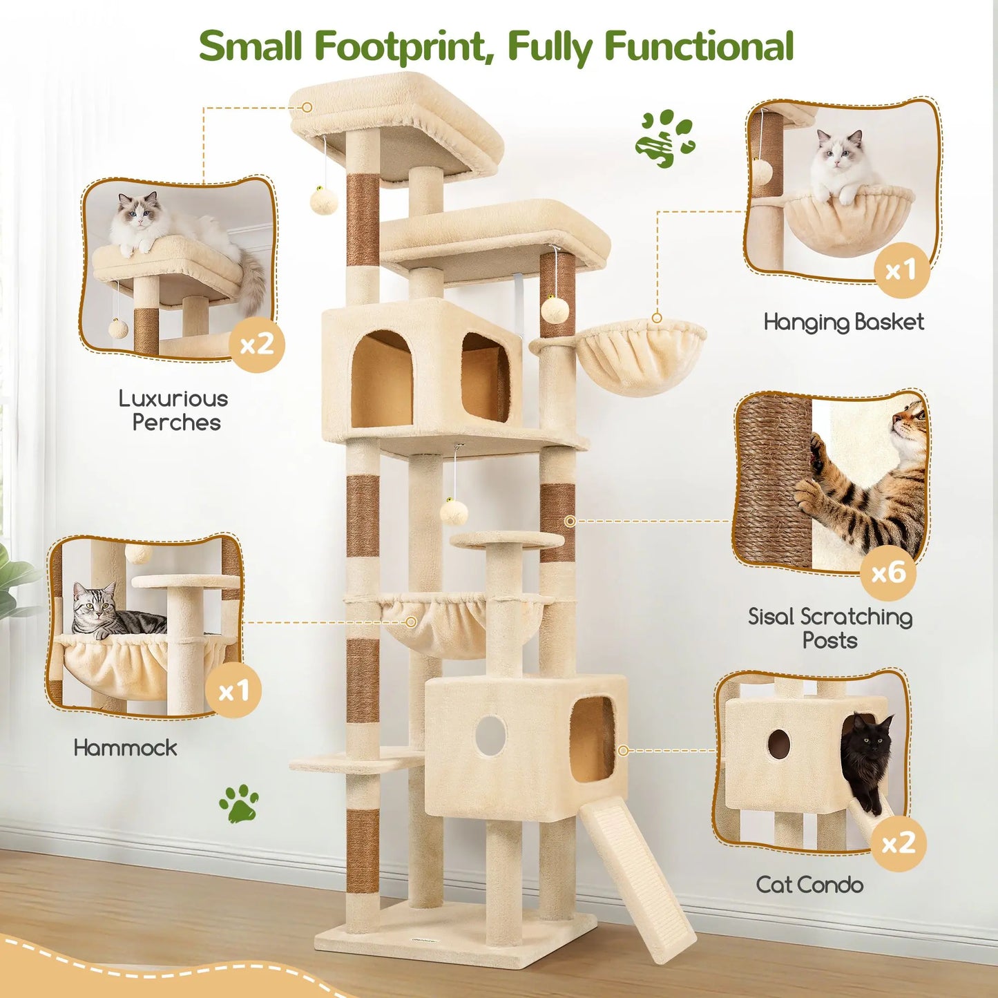 Globlazer 80'' Heavy-Duty Cat Tree - Space-Saving Corner Design with Dual Condos and Six Sisal Scratching Posts