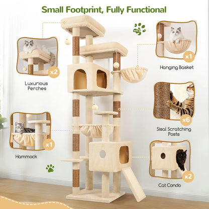 Globlazer 80'' Heavy-Duty Cat Tree - Space-Saving Corner Design with Dual Condos and Six Sisal Scratching Posts