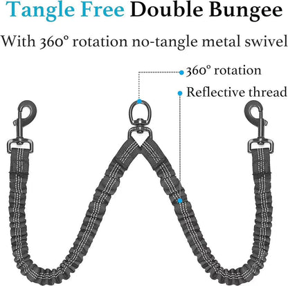 Dual Dog Leash with No-Tangle Design and Shock Absorption for Walking Two Dogs